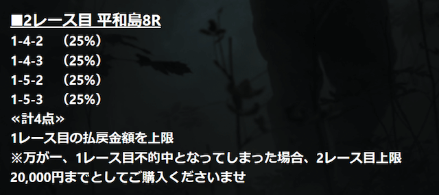 2022年3月8日の競艇予想サイト「万舟戦争グリーンベレー」の有料予想「基本小隊アサルト」の2レース目の買い目。
