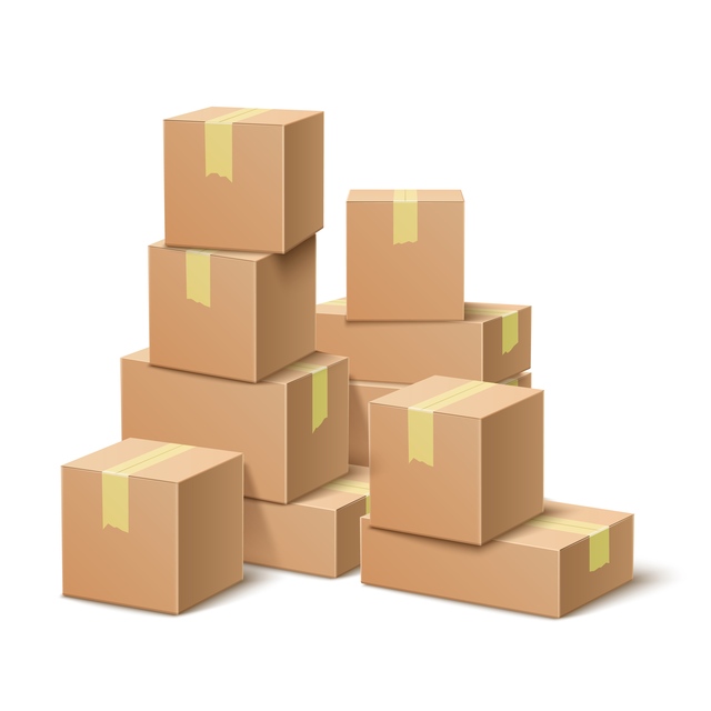 Cardboard boxes stack. Realistic paper containers group, post delivery packaging with tape, big pile of parcels, crate heap shipping, warehouse object, vector isolated on white concept