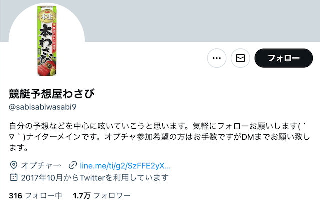 競艇予想屋わさび　ツイッタープロフィール