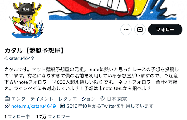 競艇予想屋カタル　ツイッタープロフィール