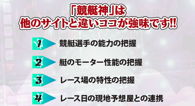 競艇神　「他のサイトとは違いココが強みです！！」